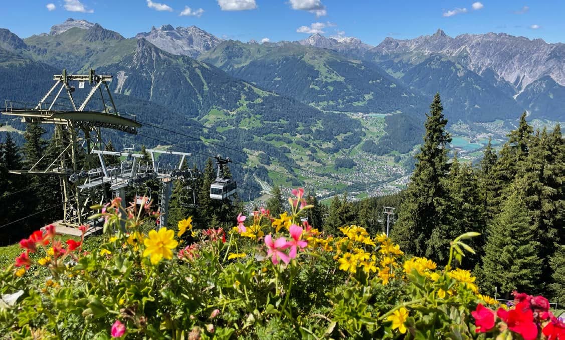 Chairlift on the Hochjoch in summer with flowers in the foreground